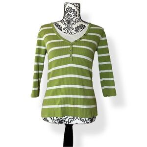 Cute green and white striped 3/4 sleeve top with button down detail